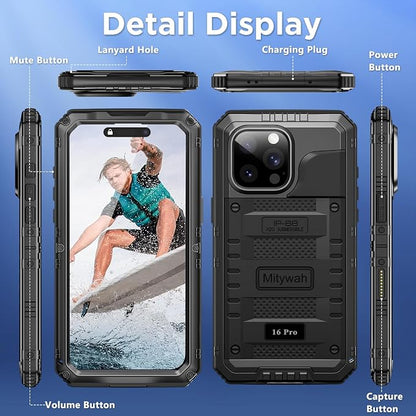 Mitywah Waterproof Case for iPhone 16 Pro, Shockproof Heavy Duty Case with Built-in Screen Protector, Underwater Full Body Protective Metal Case 6.3 inch, Black