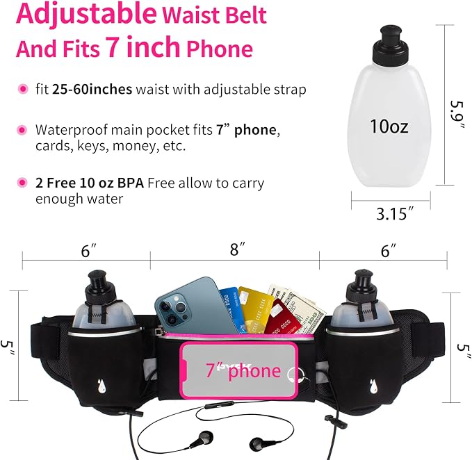 PYFK Running Belt with Water Bottles, Hydration Belt for Men and Women, Water Bottle Holder Running Pouch Water Belt, Fanny Pack Fits 7 inches Phones, Waist pack for Runner Jogging
