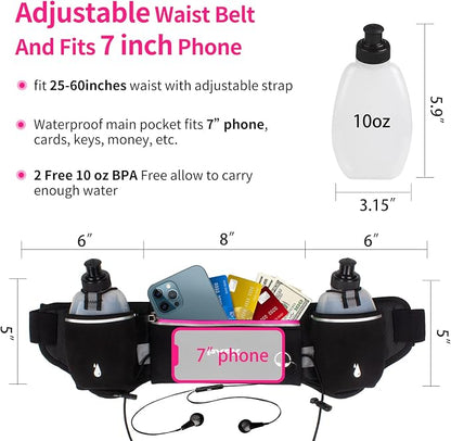 PYFK Running Belt with Water Bottles, Hydration Belt for Men and Women, Water Bottle Holder Running Pouch Water Belt, Fanny Pack Fits 7 inches Phones, Waist pack for Runner Jogging