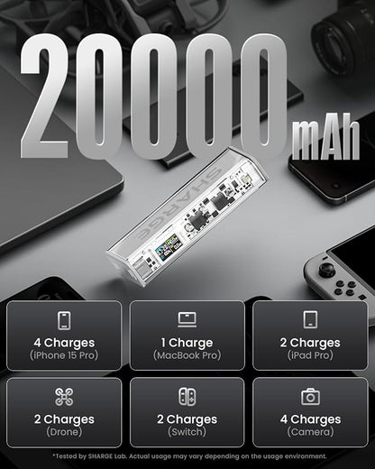 SHARGEEK 140 Power Bank, 20000mAh 140W Portable Charger, Transparent Battery Pack, Smart Display, PD3.0 for MacBook Pro iPhone 17/16/15/14 Series Google Pixel Steam Deck