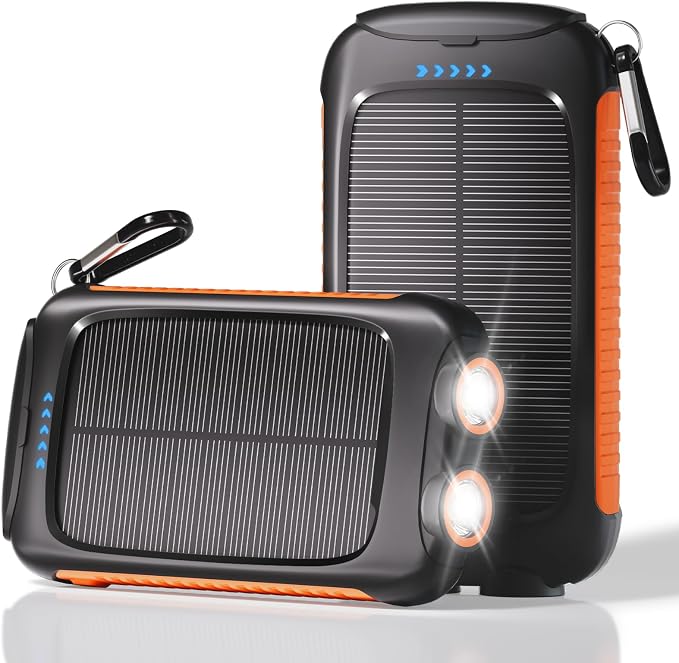 Solar Power Bank 20000mAh, Orange Portable Charger with USB-C USB-A Outputs, Emergency Backup Battery Pack, LED Flashlight, for iPhone Samsung Android – Solar for Emergency Only, Perfect for Camping