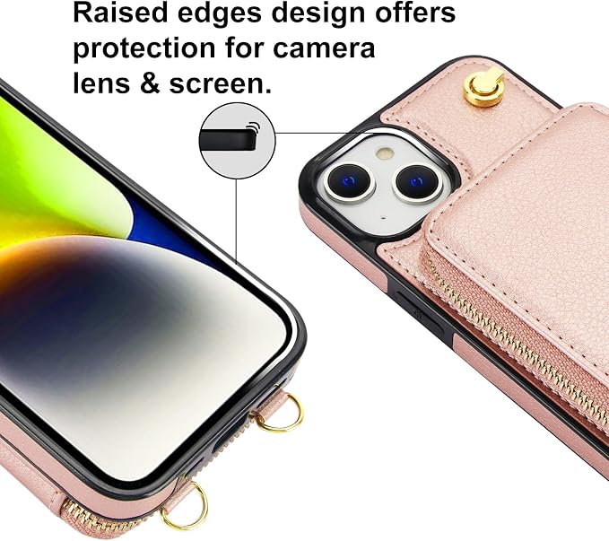 Bocasal for MagSafe Crossbody Wallet Case Compatible with iPhone 14 iPhone 13, RFID Blocking Protective Purse Case with Card Slots Holder Kickstand Wrist Strap Lanyard Zipper 6.1 Inch 5G (Rose Gold)