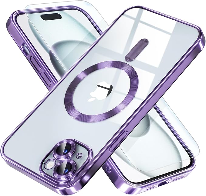 Misea Magnetic for iPhone 15 Case Compatible with MagSafe [Never Yellowing] [Military Grade Drop Protection] Full Camera Lens Protector Plating Soft Clear Phone Case for Women, Purple