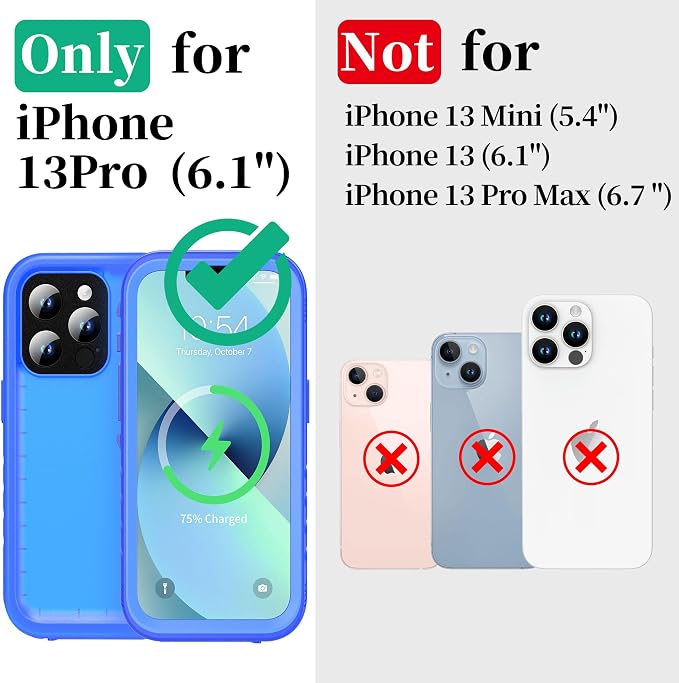 Cozycase Compatible with iPhone 13 Pro Waterproof Case - Full Body Dustproof Shockproof Rugged Waterproof Case for iPhone 13 Pro 6.1 Inch Blue