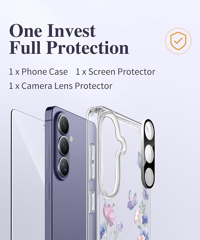 GVIEWIN for Samsung Galaxy S26 Plus Case, Clear Floral Slim Shockproof Protective Women Phone Case, Non-Yellowing, with Screen Protector&Camera Lens Protector for S26 Plus 6.7", Bloomwing/Blue