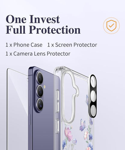 GVIEWIN for Samsung Galaxy S26 Case, Clear Floral Slim Shockproof Protective Women Phone Case, Non-Yellowing, with Screen Protector & Camera Lens Protector for Galaxy S26 6.3", Bloomwing/Blue