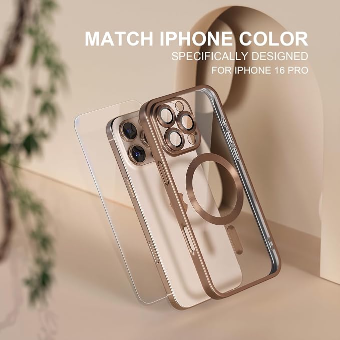 Misea Magnetic for iPhone 16 Pro Case Compatible with MagSafe [Never Yellowing] [Military Grade Drop Protection] Full Camera Lens Protector Plating Soft Clear Phone Case for Women, Titanium Desert