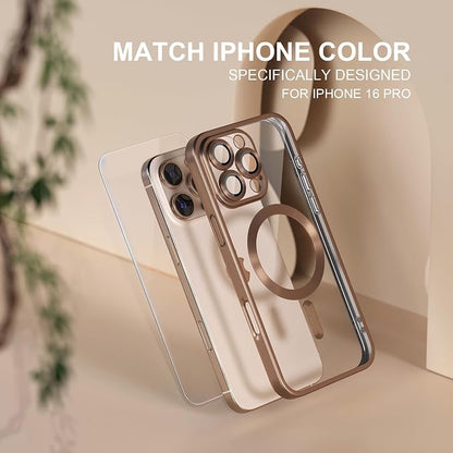 Misea Magnetic for iPhone 16 Pro Case Compatible with MagSafe [Never Yellowing] [Military Grade Drop Protection] Full Camera Lens Protector Plating Soft Clear Phone Case for Women, Titanium Desert