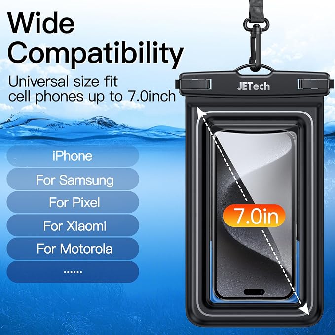JETech Floating Waterproof Phone Pouch, 2 Pack Water Proof Case for iPhone 17e 17 16e 16 15 14 Air Pro Max Plus, Galaxy S26 S25 Ultra, Pixel 10 Series and Others up to 7 Inch, IPX8 Dry Bag Black