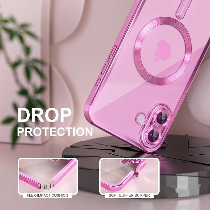 Misea Magnetic for iPhone 16 Plus Case Compatible with MagSafe [Never Yellowing] [Military Grade Drop Protection] Full Camera Lens Protector Plating Soft Clear Phone Case for Women 6.7 inch, Hot Pink