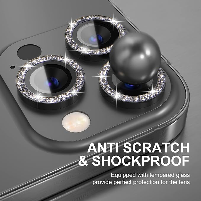 Choiche Compatible for iPhone 13 Pro/iPhone 13 Pro Max Camera Lens Protector Bling, 9H Tempered Glass Camera Cover Screen Protector Metal Ring Decoration Accessories (Glitter-Graphite)