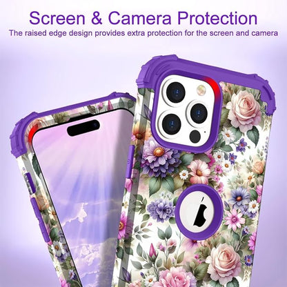 Hocase for iPhone 15 Pro Case, Heavy Duty Shockproof Protection Soft Silicone Rubber Bumper+Hard Plastic Hybrid Protective Case for iPhone 15 Pro 6.1" 2023 - Purple Pink Flowers