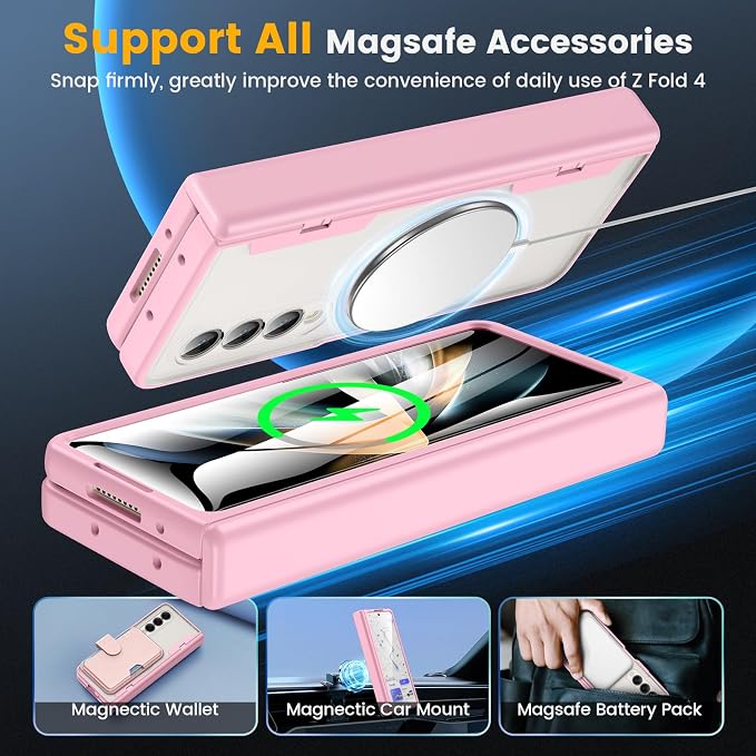 Caka Magnetic for Samsung Galaxy Z Fold 4 Case with Hinge Protection Pink | Compatible with MagSafe, Built-in Outer Screen Protector, Hinge Guard, Translucent Matte Back, 360° Hybrid Drop Defense