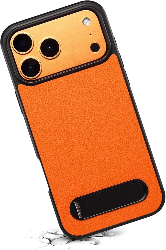 Magnetic Case for iPhone 17 Pro/17 Pro Max, Slim Lychee Pattern Leather Cover with Metal Kickstand Wireless Charging Phone Case,17pro,Orange
