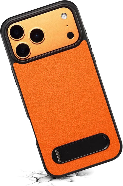 Magnetic Case for iPhone 17 Pro/17 Pro Max, Slim Lychee Pattern Leather Cover with Metal Kickstand Wireless Charging Phone Case,17pro,Orange