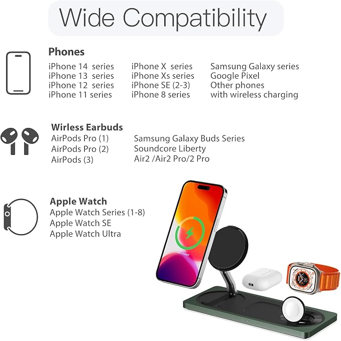 3-in-1 Charging Station for Apple Devices: Used for iPhone and Watch Charging Station with Magsafe Charger Stand, Wireless Charger for iPhone 17 Air 16 15 14 13 Series, Apple Watch Ultra, AirPods Pro
