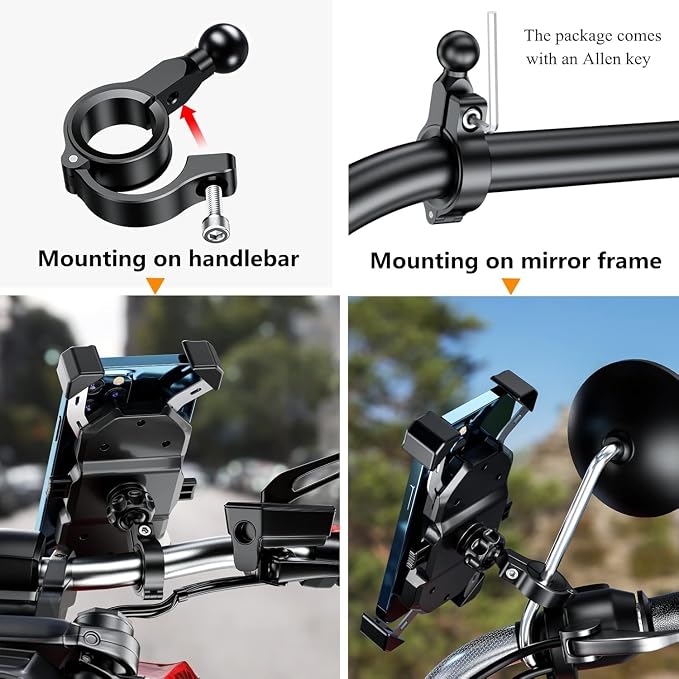 Bike Phone Mount,Motorcycle Phone Mounts, Aluminum Alloy Mounting Base Handlebar Cellphone Holder for Bicycle Motorcycle ATV Mirror Pole Fits 4''-7'' Smartphones (Bike Phone Mount)