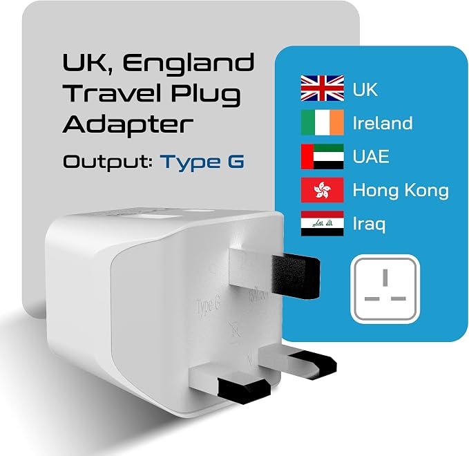 Ceptics Type G Travel Adapter - Canada to UK, Ireland & UAE Grounded Plug Adapter with Dual USB Ports for Electronic Devices (CTU-7) | UK Plug Adapter for Travel, UK Adapters for Travel from USA & Canada, Grounded Charger Adapter for Phones & Electronics