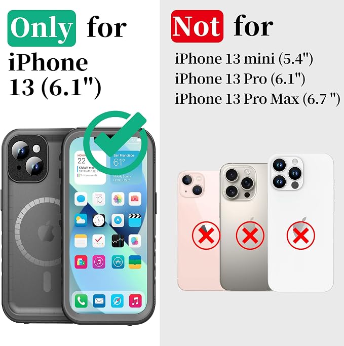 Cozycase for iPhone 13 Waterproof Shockproof Dustproof Case [Compatible with MagSafe] - Heavy Duty/360 Full Body/Military Grade/Rugged Hard Built in Screen/Camera Protector with Lanyard Black