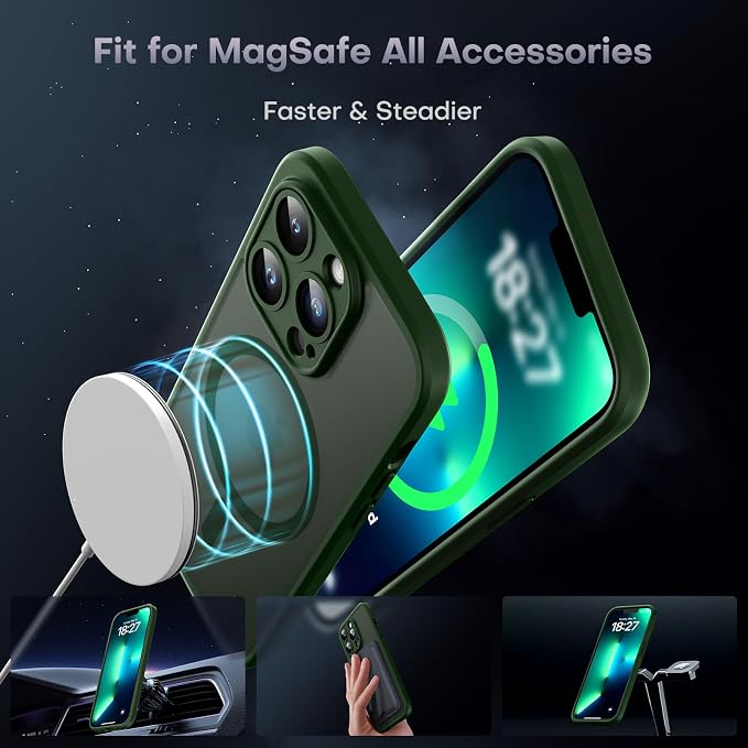 TOCOL Magnetic for iPhone 13 Pro Case Upgraded Full Camera Protection Compatible with Magsafe Drop Protection Translucent Matte Back Bumper Phone Cover 6.1-Inch, Alpine Green