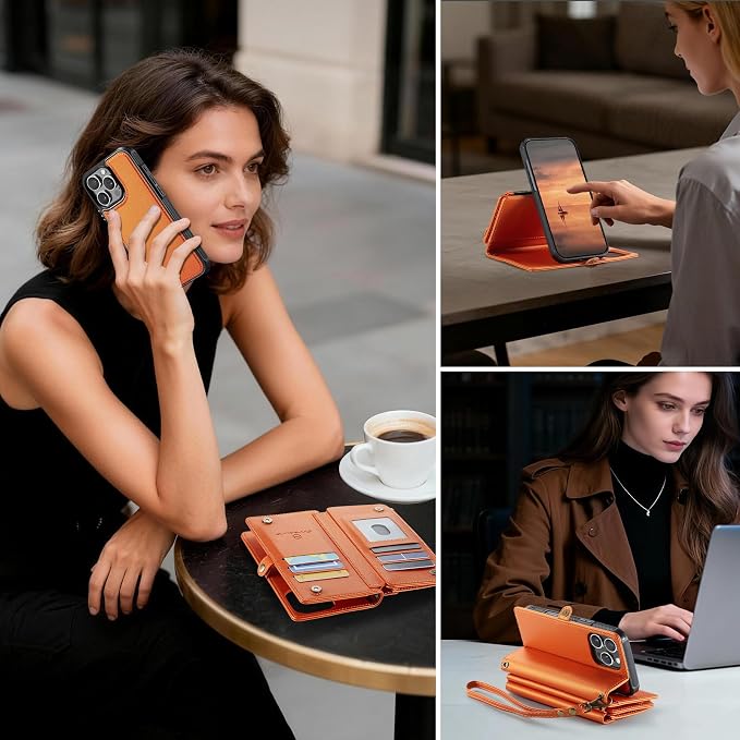 Strapurs for iPhone 16 Pro Max Detachable Wallet Case Compatible with Magsafe, RFID Blocking 9-Card Holder Zipper Strap Lanyard PU Leather Magnetic Phone Case for iPhone 16 Pro Max 6.9", Orange