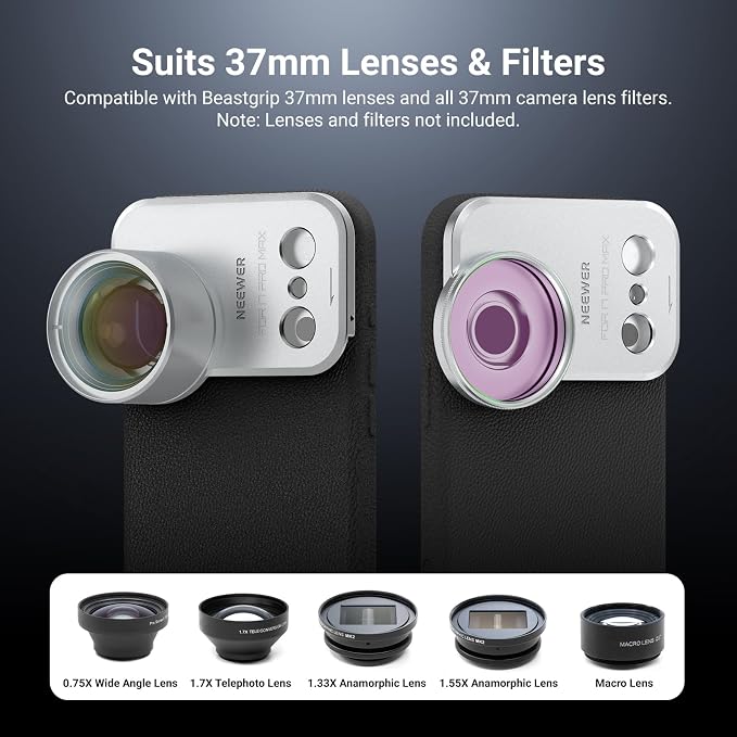 NEEWER 37mm Filter Lens Backplate for PA134 Phone Case Only, Quick Release Video Rig Mobile Photography Accessories Compatible with iPhone 17 Pro Max Beastgrip, PA174 (Silver)