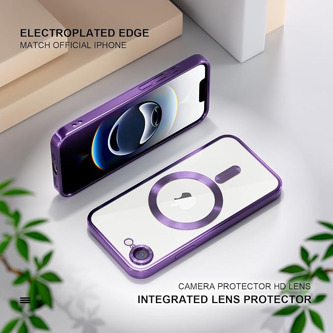 Misea Magnetic for iPhone 17e / 16e Case Compatible with MagSafe [Never Yellowing] [Military Grade Drop Protection] Full Camera Lens Protector Plating Soft Clear Phone Case for Women 6.1", Deep Purple