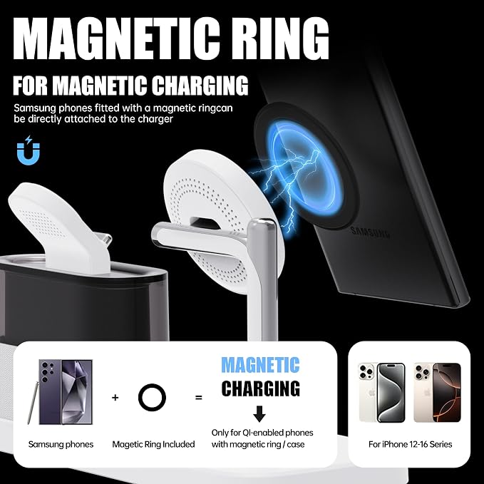 Magnetic Charger for Samsung, 5 in 1 Wireless Charging Station with Alarm Clock for Samsung Galaxy S25 Ultra/S24/S23/S22,Galaxy Watch 7/6/4/5,Galaxy Buds/Pro, White