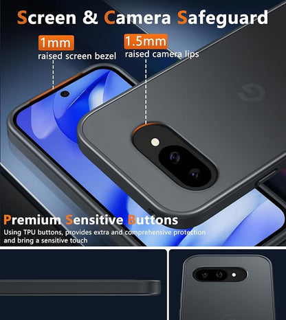 FNTCASE for Google Pixel 9a Case: Frosted Translucent Matte Shockproof Slim Protective Case - Military Grade Drop Proof Anti-Fingerprint Hard Back Cell Phone Cover (6.3 inch/Black) | Frosted, Translucent, Matte, Shockproof, Slim, Military Grade