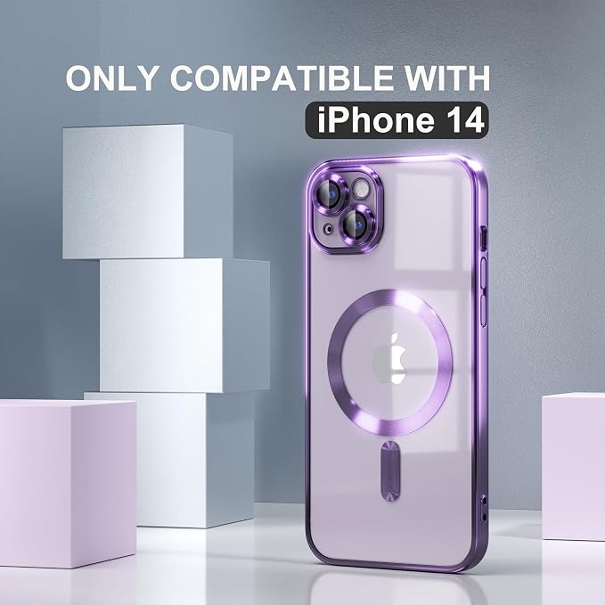 Misea Magnetic for iPhone 14 Case Compatible with MagSafe [Never Yellowing] [Military Grade Drop Protection] Full Camera Lens Protector Plating Soft Clear Phone Case for Women Girls, Purple