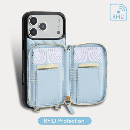 LAMEEKU for iPhone 17 Pro Case Wallet with Card Holder, Wrist Strap Crossbody Phone Cover for Women 6.3" Blue