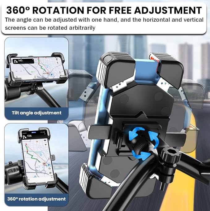 AUCELI Motorcycle Phone Mount, ABS Quick Release Bike Phone Holder for 4.7''-7.2'' Phones, Anti Shake with 360 Rotatable Phone Clip, Handlebar Clamp (Blue)
