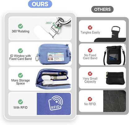 Tiostep Clip and Go Strap for Phone with Wallet Crossbody Phone Lanyard with Anti-Theft Zipper Pouch Detachable Quilted Wrist Wallet with RFID and ID Window for Daily Travel. Blue