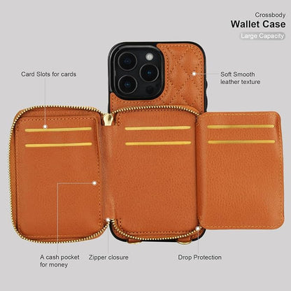 Bocasal Crossbody Wallet Case for iPhone 16 Pro Max, RFID Blocking PU Leather Zipper Handbag Purse Flip Cover, Kickstand Folio Case with Card Slots Holder Wrist Strap Lanyard 5G 6.9 Inch (Brown)