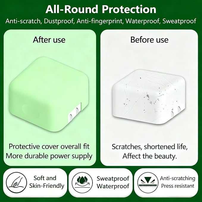 40W Soft Silicone Charger Sleeve Case Protective Cover for Apple 40W Power Adapter & 60W Max Charger, with iPhone 17/16/15, MacBook Air 13/13.6/15, Apple Watch Accessories. Green