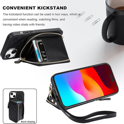 Bocasal Crossbody Wallet Case for iPhone 15 Plus, RFID Blocking PU Leather Zipper Handbag Purse Flip Cover, Kickstand Folio Case with Card Slots Holder Wrist Strap Lanyard 5G 6.7 Inch (Black)