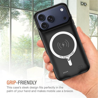 Wireless Charging Case for iPhone 17 Pro,10000mAh High Capacity Portable Rechargeable Extended Battery Case Qi Wireless Charging with iPhone 17 Pro (6.3 inch) Extended Battery Charger Case (Black)