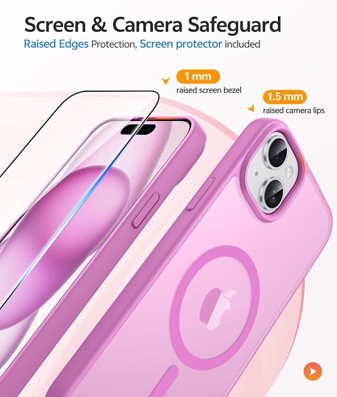 FNTCASE for iPhone 15/14/13 Case, Fit for Magsafe, Glass Screen Protector | Translucent Matte, Magnetic Phone Cases, 14FT Military Grade Drop Protection, Slim Shockproof Protective Cover, Pink