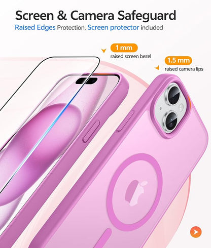 FNTCASE for iPhone 15/14/13 Case, Fit for Magsafe, Glass Screen Protector | Translucent Matte, Magnetic Phone Cases, 14FT Military Grade Drop Protection, Slim Shockproof Protective Cover, Pink