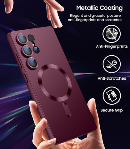 Magnetic for Samsung Galaxy S25 Ultra Case [Compatible with MagSafe][Built-in Camera Lens Protector] Slim Soft Silicone Bumper Shockproof Metallic Luster Phone Shell (Burgundy)