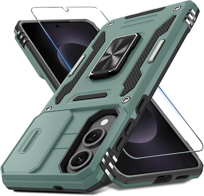 DEERLAMN Case for Samsung Galaxy S25 Edge with Slide Camera Cover+Screen Protector (1 Pack), Rotated Ring Kickstand Military Grade Shockproof Protective Cover-Green