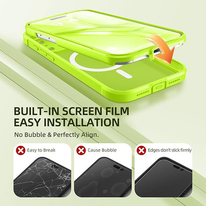 BERFY for iPhone 17 Pro Case, Compatible with MagSafe, Built-in Glass Screen Protector, Camera Protection, Shockproof Full Body Phone case 6.3", Translucent Bright Green