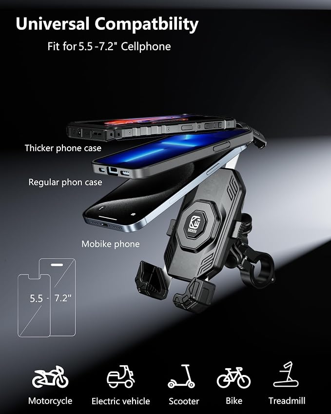 Kewig Motorccyle Phone Mount with Vibration Dampener, 1s Lock Motorcycle Phone Holder with Aluminum Alloy Mounting Base, Bike Handlebar Phone Holder for Motorcycle Bike Scooter, for 5.5''-7.2'' Phones