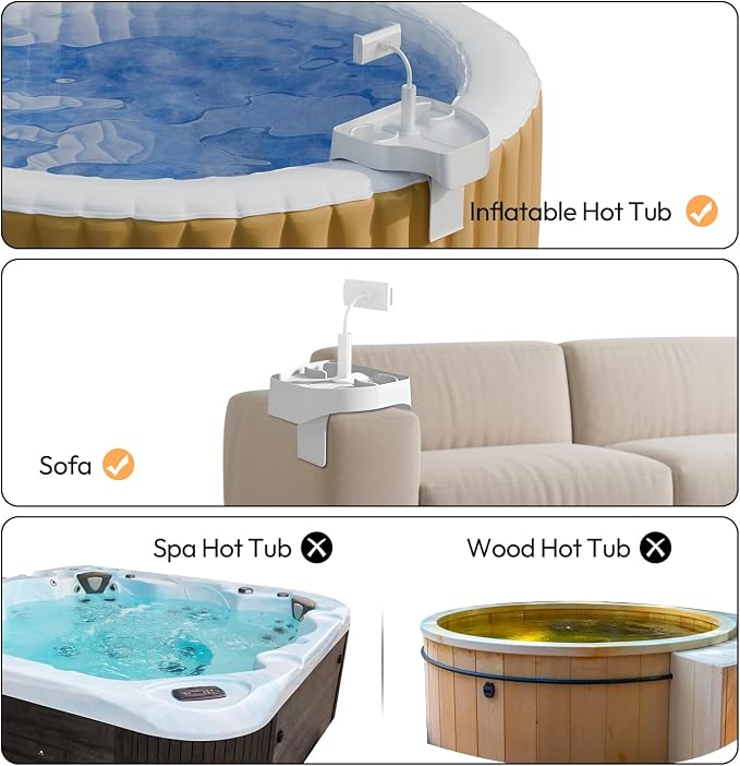 POOLCOMFT Hot Tub Table Tray with Adjustable Phone Holder, 2 Cup Holders, Hot Tub Accessories, Perfect for Outdoor Inflatable Hot Tub & Pool, Unique Gifts for Women, Mom(Scented Candle & Card)
