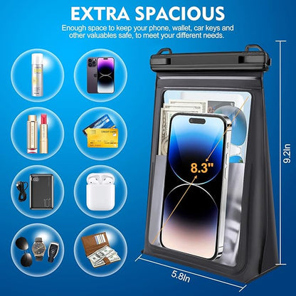 Large Floating Waterproof Phone Pouch [with Sealing Strip], Cell Phone Dry Bag for iPhone 17 16 15 14 13 Pro Max Galaxy Google All Devices, Float Waterproof Bag for Beach Vacation Black
