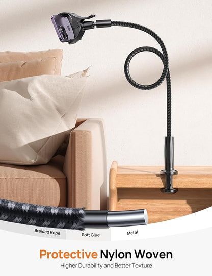 Aomiker Gooseneck Phone Holder for Bed - [2025 Upgrade Nylon Braid] 38” Long Flexible Lazy Arm Clip, 360 Adjustable Overhead Phone Mount for iPhone 15 14 13 12 11 Pro Max Mini Plus, all 4-7" Cellphone