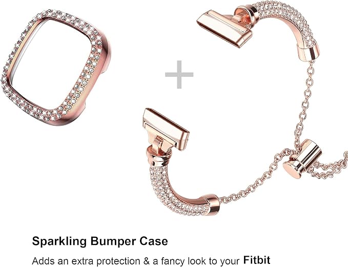Bling Band And Case Compatible with Fitbit Versa 3/ Fitbit Sense for Women,Stainless Steel Metal Wristband Replacement for Fibit Sense/Versa 3 (Rose Gold)