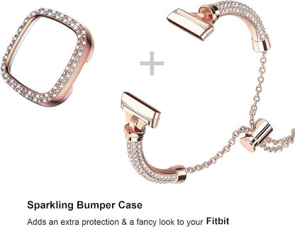 Bling Band And Case Compatible with Fitbit Versa 3/ Fitbit Sense for Women,Stainless Steel Metal Wristband Replacement for Fibit Sense/Versa 3 (Rose Gold)