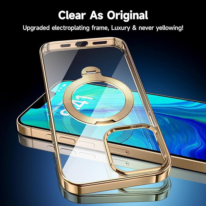 [Tri-Shield Protection] for iPhone 13/14 Case with 360° Spin Stand Compatible with MagSafe [Magnetic CD Ring] [Screen & Camera Lens Protector] Shockproof Plating Never-Yellowing, Gold-6.1"