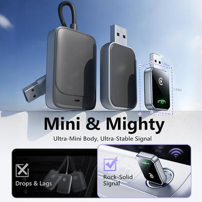 Wireless CarPlay Adapter for iPhone, Convert Wired to Wireless CarPlay Adapter, Mini Size with Extension Cable USB & USB-C/Type-C, Stable Car Control & No Delay